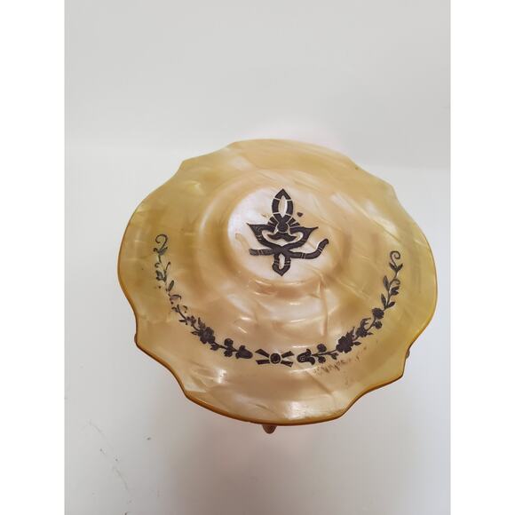 Vintage Art Deco Amber Frosted Glass Vanity Powder Jar Footed with Celluloid Lid - Picture 2 of 16